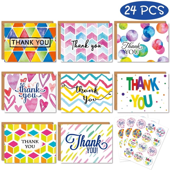 JILhome 24 Pack Thank You Cards with Envelopes & Stickers, 3x4 Inches Thank You Notes with 8 Designs, Perfect for Business, Weddings, Baby & Bridal Showers, Graduations & Funerals
