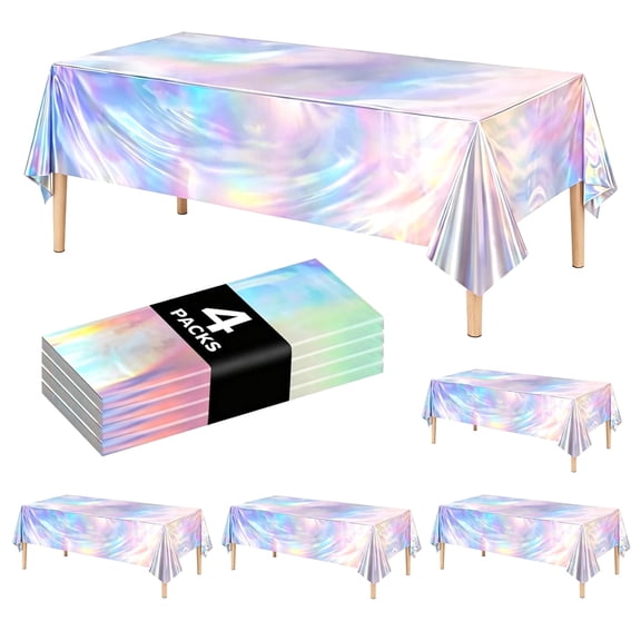 JILhome 4 Pack Iridescent Silver Table Cloth, 54 x 108 Inch Plastic Table Covers, Laser Disposable Party Decorations for Birthday, Wedding, Disco Party