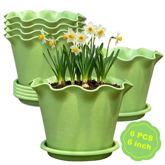 JILhome 6 Pack Plant Pots, 6 Inch Plastic Flower Pots, Ruffled Nursery Pots with Drainage Holes for Seedlings, Indoor/Outdoor Use, Green