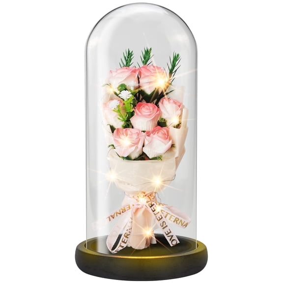 JILhome Pink Rose in Glass Dome, Artificial Flowers with LED Light, Rose Bonquet Gifts for women, Mom, Wife, Grandma, Birthday, Anniversary