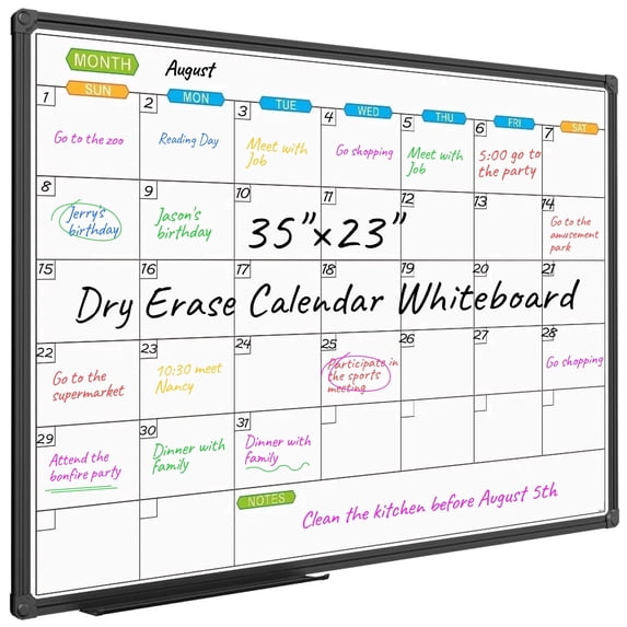 JILhome Dry Erase Calendar Whiteboard for Wall, 35" x 23" Magnetic Calendar White Board, Whiteboard Calendar with Tray for Planning, Drawing, to Do List, Black Aluminum Frame