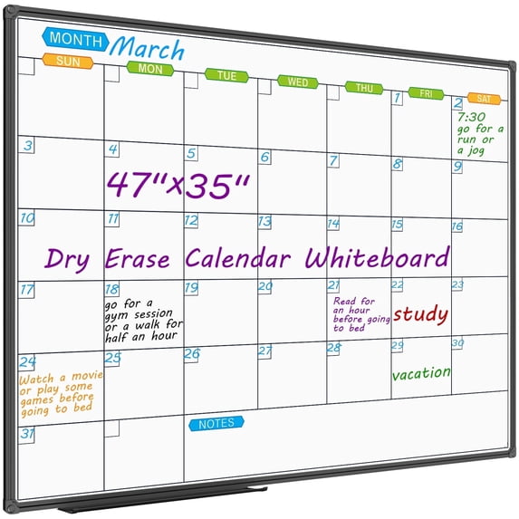 JILhome Dry Erase Calendar Whiteboard for Wall, 47" x 35" Magnetic Calendar White Board, Whiteboard Calendar with Tray for Planning, Drawing, to Do List, Black Aluminum Frame