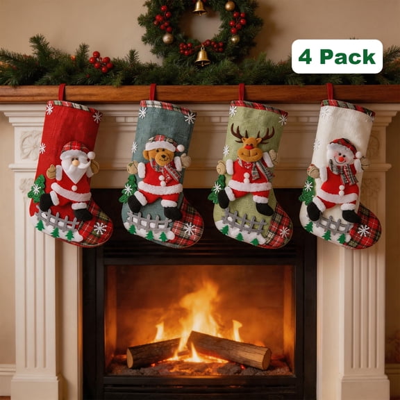 JILhome Christmas Stockings, 4 Pack 12 Inches Hanging Stockings with Santa, Snowman, Bear & Reindeer, Christmas Decorations for Family Holiday Party Decorations