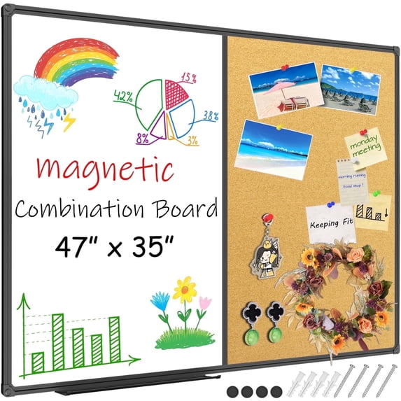 JILhome Magnetic White Board and Bulletin Board Combo,47" x 35" Dry Erase Board & Cork Board, Whiteboard Felt Combination Board for Wall, Home, Office, Black Aluminum Frame