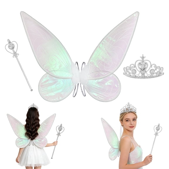 JILhome Fairy Costume Set, Iridescent Transparent Fairy Wings, Crown Hairpin & Heart Wands for Woman, Dress Up Cosplay Party Favor