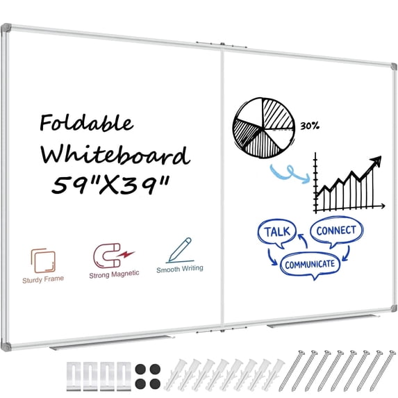 JILhome 59" x 39" Foldable White Board, 5' x 3' Magnetic Dry Erase Board, Large Marker Board with Marker Tray for Office, Home, School, Kitchen, Silver Aluminum Frame