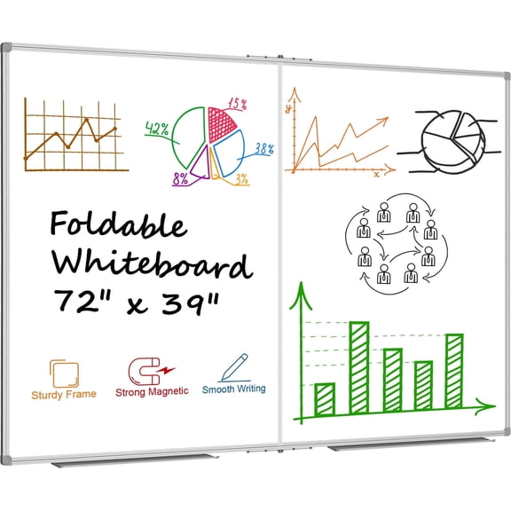 JILhome 72" x 39" Foldable White Board, 6' x 3' Magnetic Dry Erase Board, Large Marker Board with Marker Tray for Office, Home, School, Kitchen, Silver Aluminum Frame