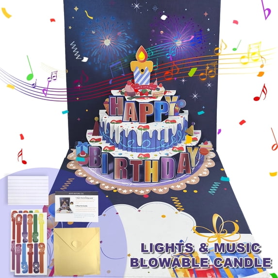 JILhome 3D Musical Happy Birthday Card, LED Lights Birthday Cards, Blowable Greeting Card with DIY Age for Husband, Women, Son, Her, Dad, Blue