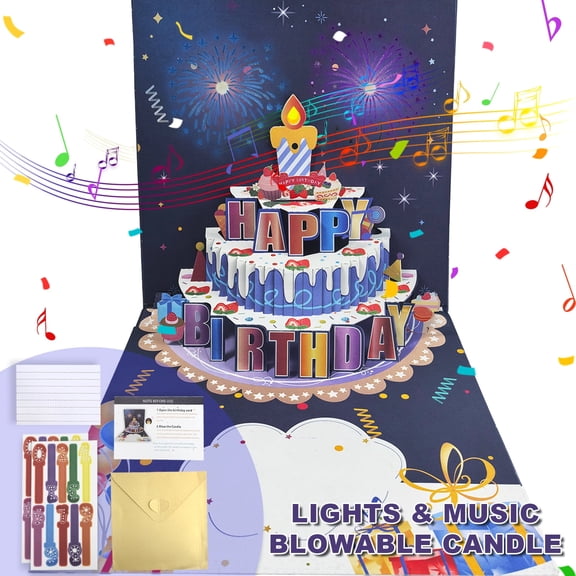 JILhome 3D  Musical Happy Birthday Card, LED Lights Birthday Cards, Blowable Greeting Card with DIY Age for Husband, Women, Son, Her, Dad, Blue