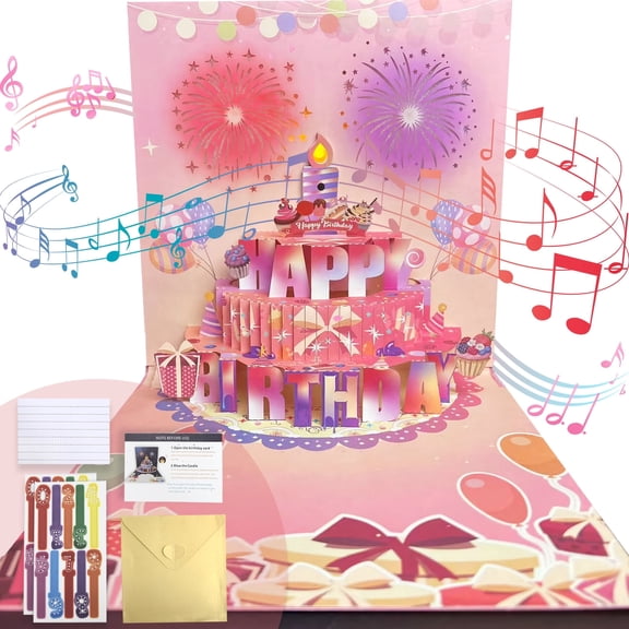 JILhome 3D Musical Happy Birthday Card, LED Lights Birthday Cards, Blowable Greeting Card with DIY Age for Husband, Women, Son, Her, Dad, Pink