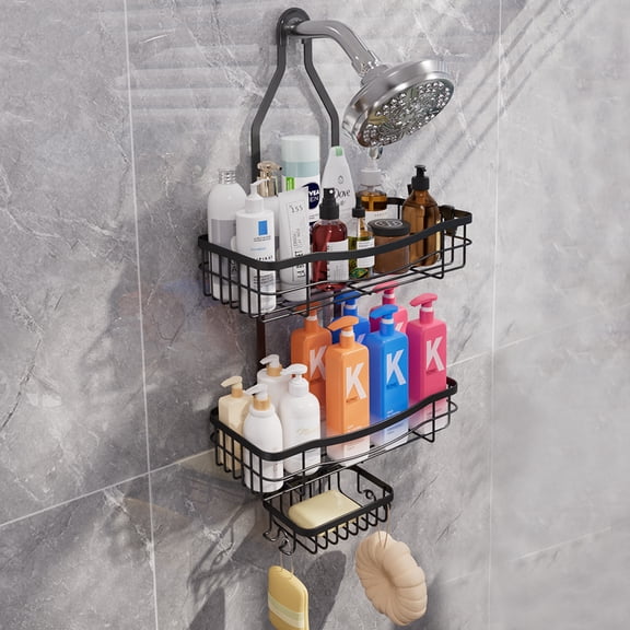 JILhome Shower Caddy Hanging, Large Capacity Shower Organizer with Hooks, No Drilling Racks Over Showerhead, Anti-Swing Bathroom Caddy for Shampoo Soap, Black