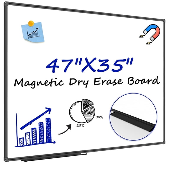 JILhome 47" x 35" White Board, 4'x3' Magentic Dry Erase Board, Marker Board with Long Pen Tray for Home, School, Office, Kitchen, Black Aluminium Frame
