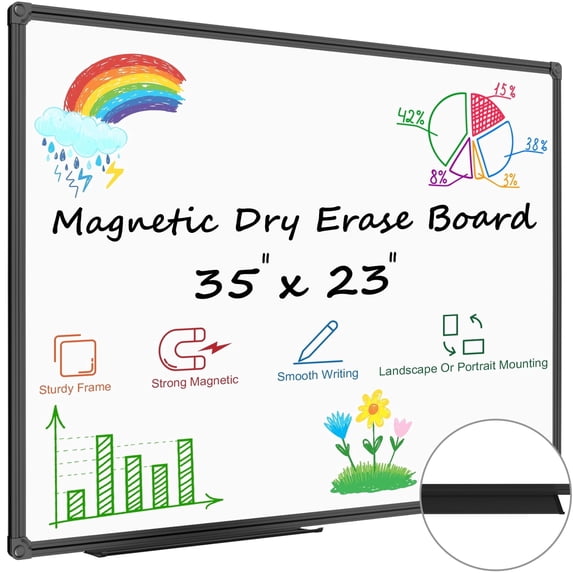 JILhome 35" x 23" White Board, 3'x2' Magentic Dry Erase Board, Whiteboard with Long Pen Tray for Home, School, Office, Kitchen, Black Aluminium Frame