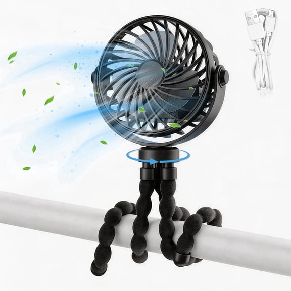 JILhome Portable Stroller Fan, 3 Speed Rechargeable Cooling Fan, 360 Rotate Flexible Tripod Clip On Fan for Stroller, Car, Seat, Crib, Treadmill, Travel, Black