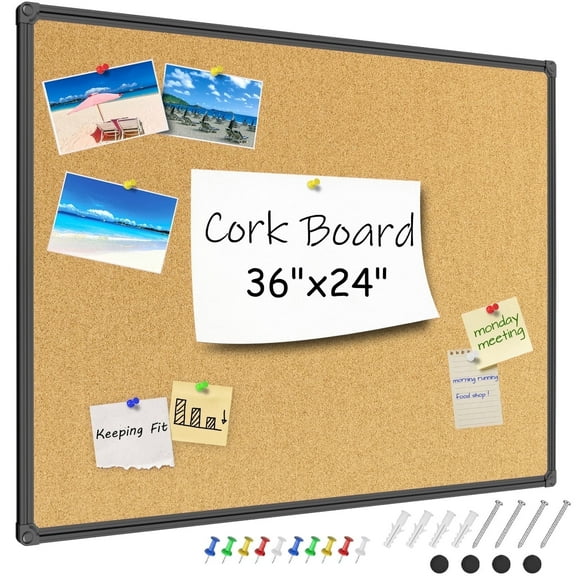 JILoffice Bulletin Board 24" x 36" Black Aluminum Frame Cork Board 3'x2' Thumb Tack Pin Board for Office