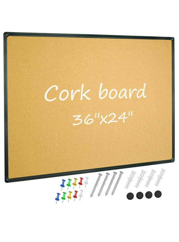 JILoffice Corkboard Bulletin Board 36 x 24 Notice Board, Black Aluminum Frame Wall Mounted Board for Office Home and School with 10 Push Pins