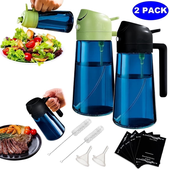 JILhome 2 Packs Glass Oil Dispenser for Kitchen, 16oz/470ml Oil Sprayer for Cooking, 2 in 1 Dark Blue Olive Oil Dispenser Bottle for Kitchen, Air Fryer, Salad, BBQ, Baking