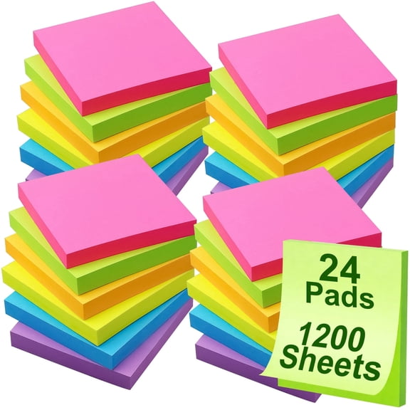 JILhome 24 Pads Sticky Notes, 3"x3" Multicolor Note Pads, Self-Stick Pads, Easy to Post for Home, Office, Notebook, 50 Sheets/Pad Total 1200 Sheets