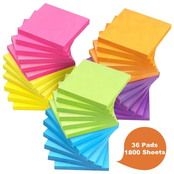 JILhome 36 Pads Sticky Notes, 3"x3" Notepad, Bright Color Memo Pads, Easy to Post for Home, Office, Notebook, 50 Sheets/Pad Total 1800Sheets