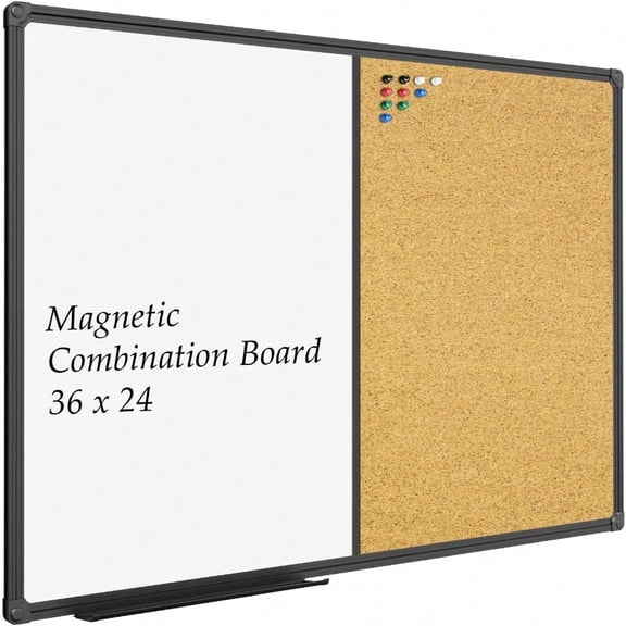 JILoffice White Board Bulletin Corkboard Combination Combo Board 36 X 24 Magnetic Whiteboard Black Aluminum Frame Wall Mounted Board For Office Home And School With 10 Push Pins