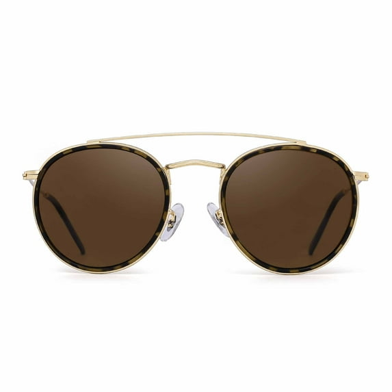 JIM HALO Small Polarized Round Sunglasses for Women Vintage Double Bridge Frame (Gold Frame/Polarized Brown Lens)