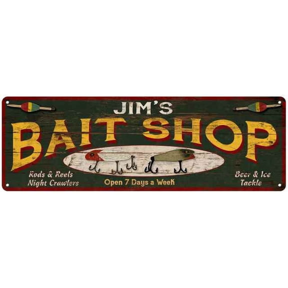 JIM'S Bait Shop Sign Wood Look Man Cave Den Gift 6x18 Metal 106180024156