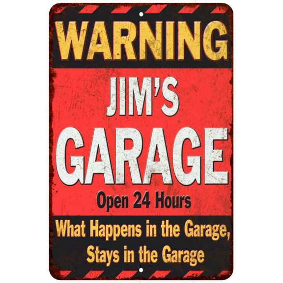 JIM'S Garage Warning Man Cave Wall Decor 8x12 Metal Sign 108120030156