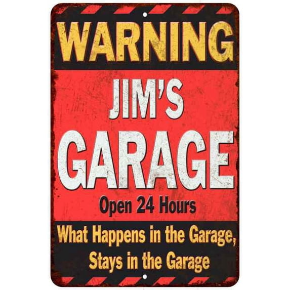 JIM'S Garage Warning Man Cave Wall Decor 8x12 Metal Sign 108120030156