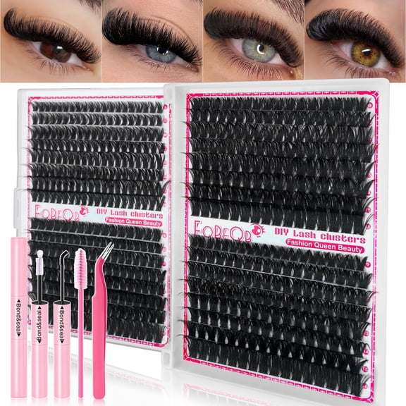 JIMEI 640PCS Lash Clusters Kit, Individual Cluster Eyelash Extensions, 30D 40D 50D 60D Wispy Lashes, 9-16mm Mixed Length, Soft Thin Band DIY Lash Set with Bond, Seal, Tweezers & Brush