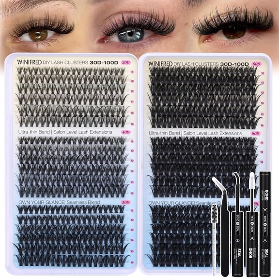 JIMEI 640PCS Wispy Lash Clusters Kit, D Curl Cluster Eyelash Extensions, 30D 40D 50D 60D, 9-16mm Mixed Length, Thin Band Individual Lashes with Lash Bond, Seal & Tweezers for DIY Home Makeup