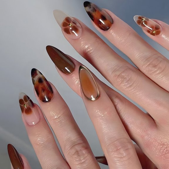JIMEI Bestselling Leopard Print Nail Tips, Coffee Gradient Diamond-Embedded Press-On Nails, Floral Teardrop False Nail Stickers