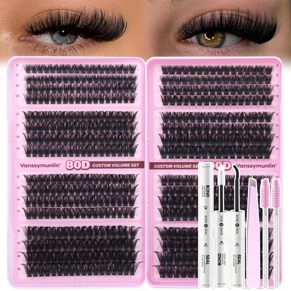 JIMEI Lash Clusters Kit, 40D+60D Wispy CD Curl Lash Clusters, 640PCS Soft Individual Eyelash Extensions with Lash Bond Seal Tweezers and Brushes, Anti-Lift No-Prick