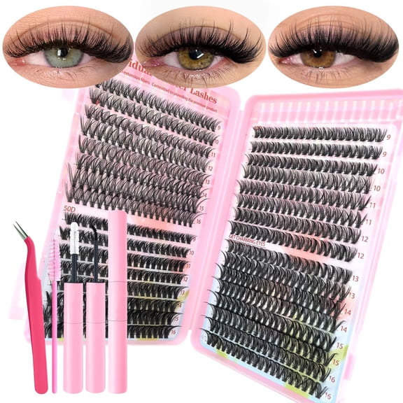 JIMEI Lash Clusters Kit, 640Pcs D Curl Individual Eyelash Extensions, 10-16mm Wispy Fluffy Cluster Lashes with Applicator Tool for DIY Home Use