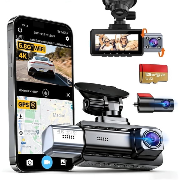 JIMIMAX 4K+1080P+1080P 3 Cam Front and Rear with Cabin, Free 128GB Card Included, 5.8GHz WIFI6 Camera, IR Night Vision, -in GPS, G-Sensor, 24H Parking Mode, Support 512GB Max