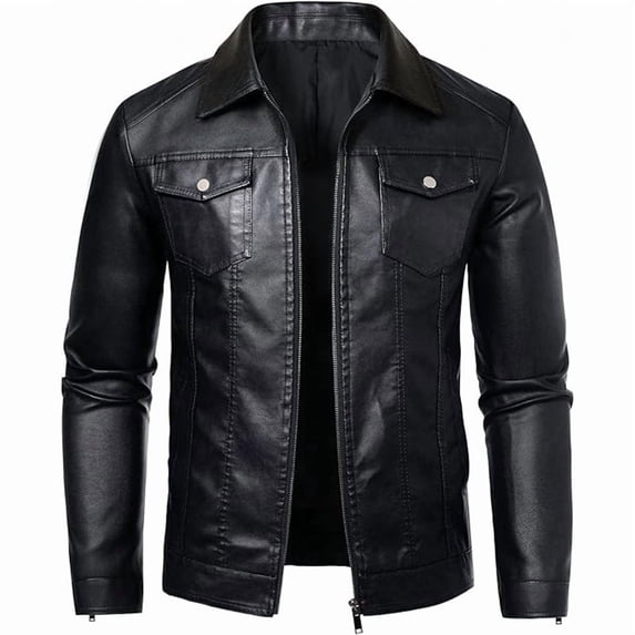 JIMLAXER Men's Casual Pu Leather Trucker Jacket Lapel Collar Motorcycle Coat with Zipper