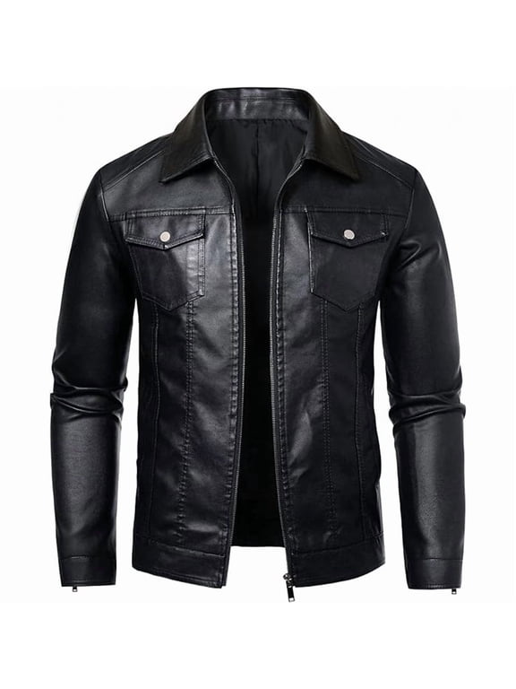 Men's Casual Pu Leather Trucker Jacket Lapel Collar Motorcycle Coat with Zipper