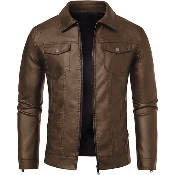 JIMLAXER Men's Casual Pu Leather Trucker Jacket Lapel Collar Motorcycle Coat with Zipper