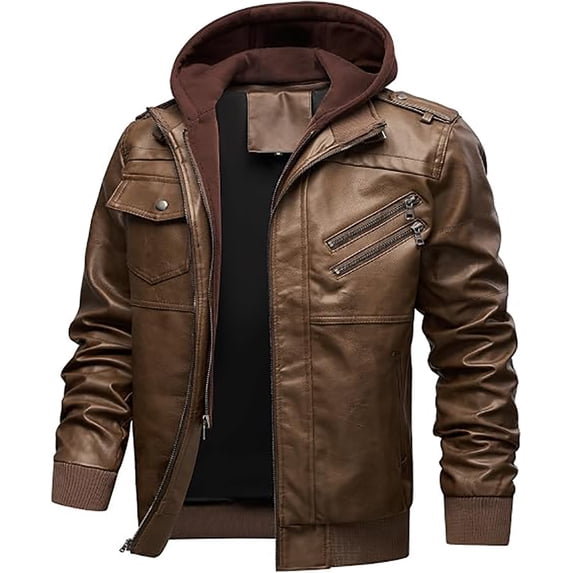 JIMLAXER Men's PU Leather Jacket, Detachable Hood Moto Biker Jacket, Slim Fit Zip Up Casual Coat, Windproof Warm Outerwear