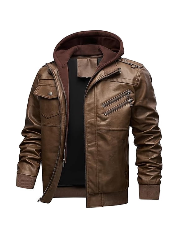Men's PU Leather Jacket, Detachable Hood Moto Biker Jacket, Slim Fit Zip Up Casual Coat, Windproof Warm Outerwear