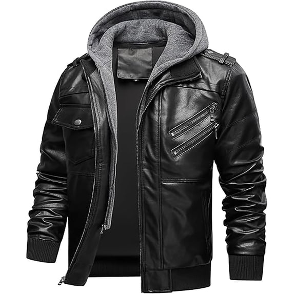 JIMLAXER Men's PU Leather Jacket, Detachable Hood Moto Biker Jacket, Slim Fit Zip Up Casual Coat, Windproof Warm Outerwear
