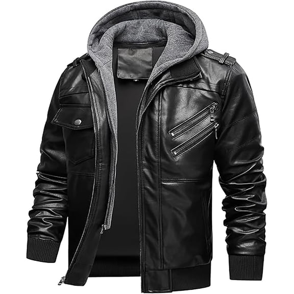 JIMLAXER Men's PU Leather Jacket, Detachable Hood Moto Biker Jacket, Slim Fit Zip Up Casual Coat, Windproof Warm Outerwear