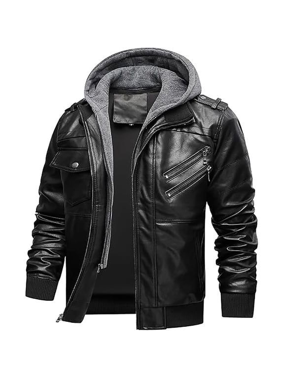 Men's PU Leather Jacket, Detachable Hood Moto Biker Jacket, Slim Fit Zip Up Casual Coat, Windproof Warm Outerwear