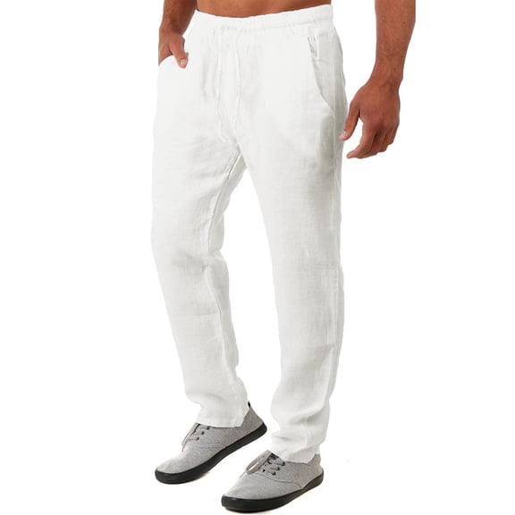 JIMLAXER Summer Men's Cotton Linen Yoga Pants Drawstring Elastic Waist Straight Leg Trousers With Side Pockets