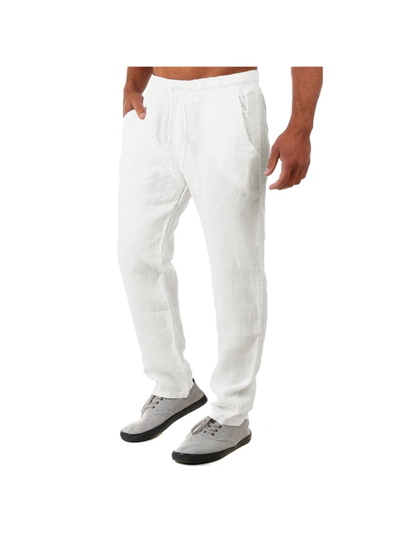 Summer Men's Cotton Linen Yoga Pants Drawstring Elastic Waist Straight Leg Trousers With Side Pockets