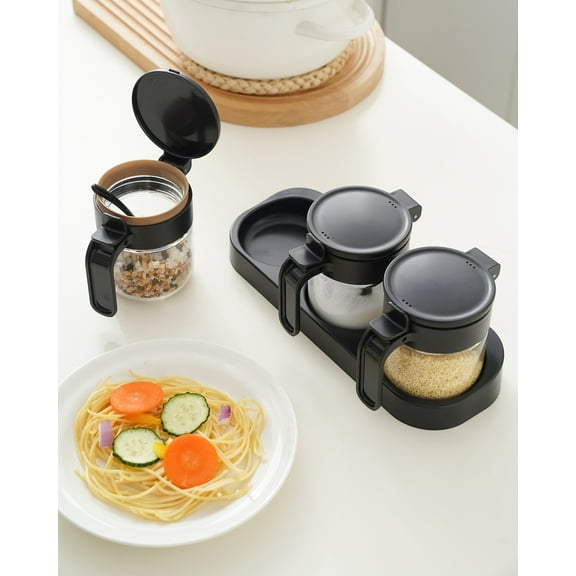 JIMMEAL Clear Glass Condiment Spice Jars With Label,Wall Mount Sealing 8.8oz Seasoning Box With Lids,Spoons,Tray And Honey Stick,Wide Mouth Easy To Clean And Refill, Black