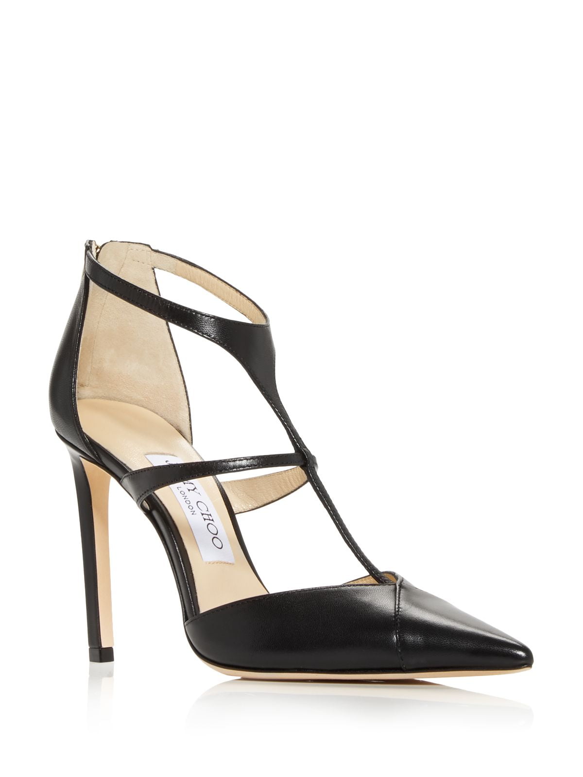 JIMMY CHOO Womens Black TStrap Saoni Pointed Toe Stiletto ZipUp