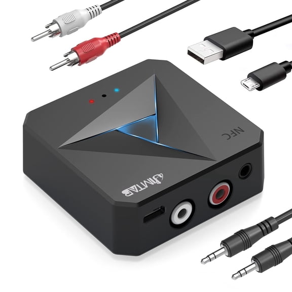 JIMTAB Bluetooth Transmitter Receiver Adapter 5.1 Portable HiFi Wireless Audio AUX Adapter Built-in Microphone NFC for Projector Car TV Speaker Phone Bluetooth Headphone (Space Black)