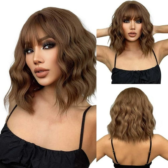 JIMTAB Bob Curly Wavy Bob Wigs with Bangs for Women [Include Weaving Cap] Synthetic Short Wig with Bangs Natural Looking Heat Resistant Fiber Hair for Women (Pink)