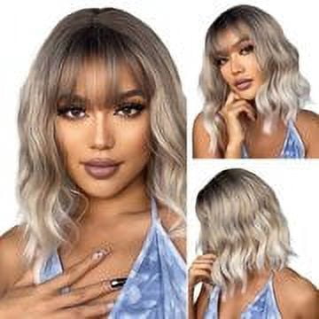 JIMTAB Bob Curly Wavy Bob Wigs with Bangs for Women [Include Weaving Cap] Synthetic Short Wig with Bangs Natural Looking Heat Resistant Fiber Hair for Women (Pink)