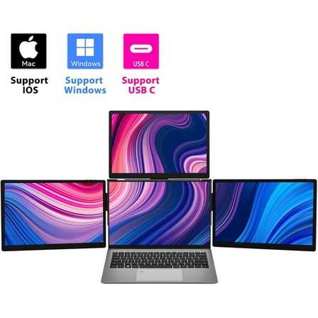 JIMTAB Portable Monitor 13.3 Triple Screen Extender with Build-in Stand, 1920 * 1200 IPS 16:10 Monitors, Built-in Monitor Holder RJ45/ USB 3.0/Type-C Plug and Play Display for Laptop 13-16 Inch